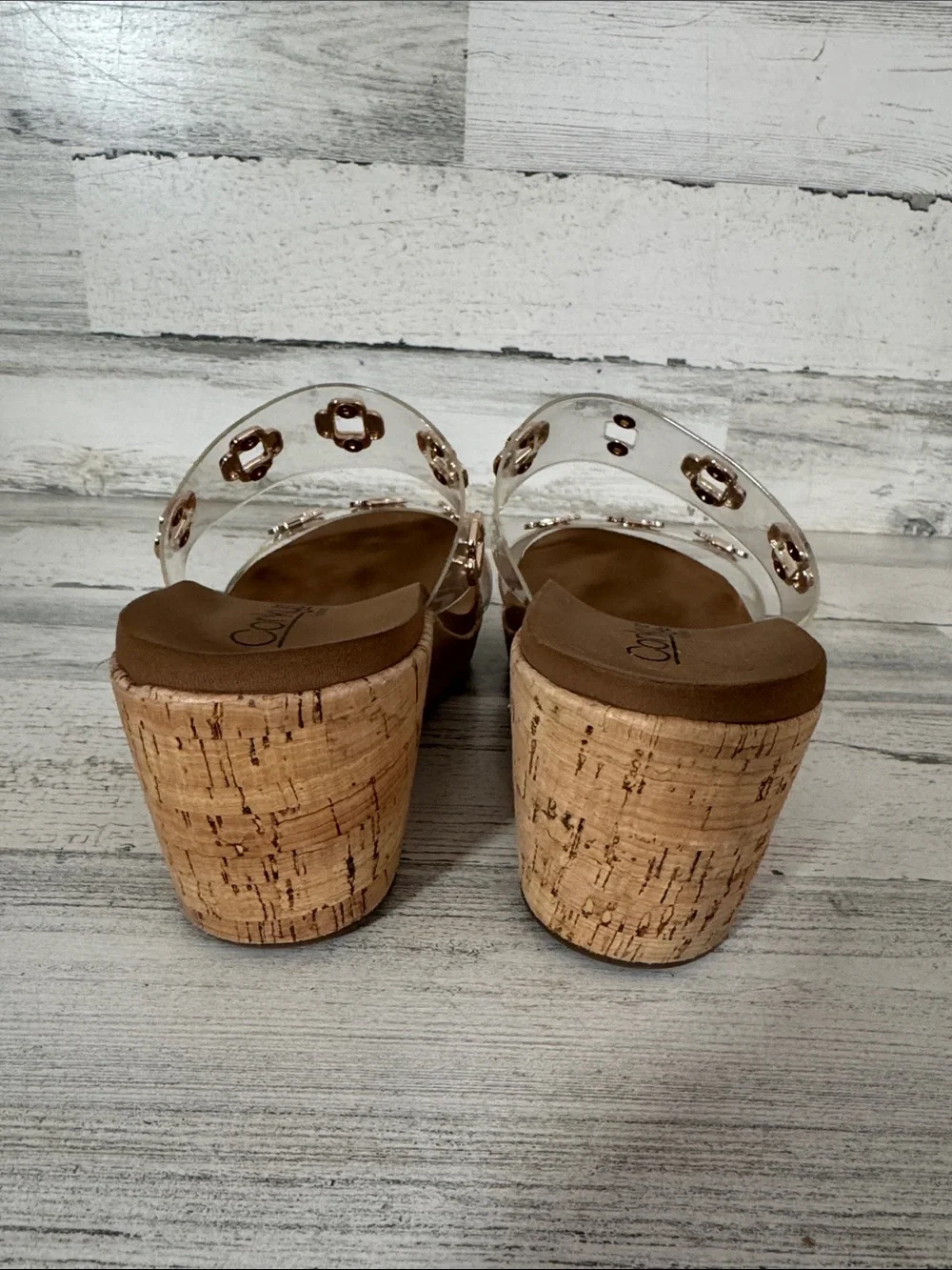 CORKYS CLEAR HIGH TIDE GOLD TRIM WEDGE SHOES - 9
